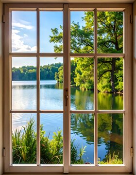 Fototapeta Tranquil lake view through a window