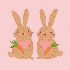 Obraz premium two cute rabbits holding carrots on a pink background