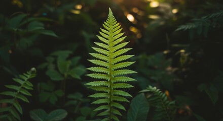 Close up of vibrant green fern leaf in natural sunlight with dark background