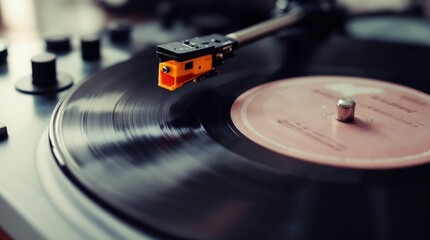 Close-up of vintage vinyl record player, nostalgic music and analog sound technology concept