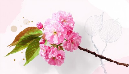 Vibrant pink cherry blossoms and sketched leaves on a white background, highlighted with delicate pastel hues and golden speckles, showcase a spring-like aesthetic.