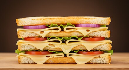 Delicious sandwich with multiple layers of ingredients on a wooden surface