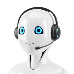 3d illustration of friendly white robot head with headset isolated on transparent background, offering customer service and technical support with a gentle smile