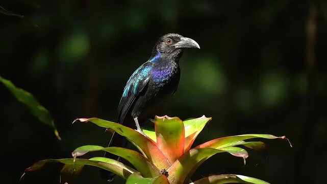A Purple Honeycreeper perched atop a bromeliad plant in a rainforest setting.