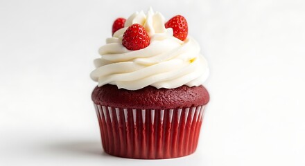 Delicious red velvet cupcake with creamy frosting and strawberries