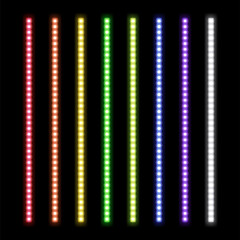 LED Light Strips Set – Red, Orange, Yellow, Green, Blue, Purple and White Glowing Neon Lights on Black Background Vector Illustration