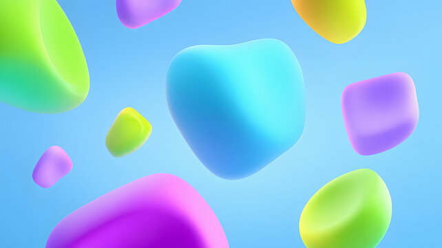 Vibrant abstract fluid blobs float serenely against a clear blue sky background