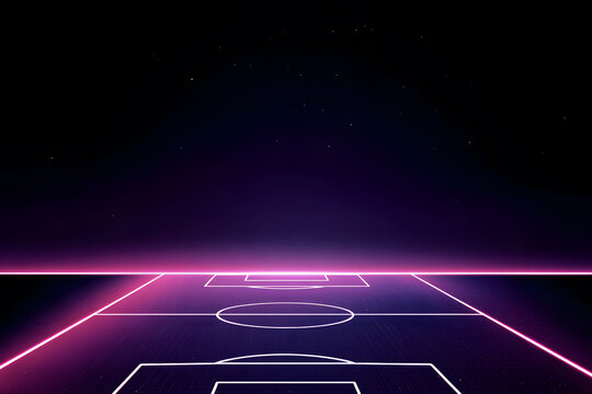 Futuristic neon soccer field glows under starry night sky, digital sport