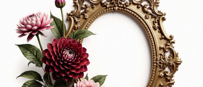 ornate gold frame decorated with vibrant red and pink dahlia blooms, vintage floral elegance | vintage, wedding, floral, botanical, decorative theme