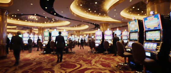 blurred motion of lights and colour at a lively casino interior with multiple gaming machines | entertainment, nightlife, travel, gaming, leisure theme