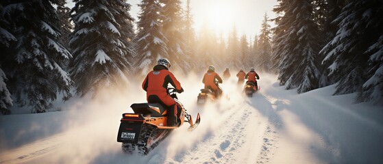 group of friends enjoying a snowmobile adventure in a winter forest | travel, outdoor, adventure, snow, winter theme