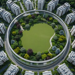 Modern circular apartment complex surrounds a lush green park with winding paths.