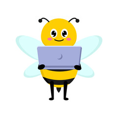 Adorable cartoon cute bee character with a laptop, illustrating business and technology concepts in a fun and engaging way