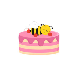 An adorable cute bee peacefully sleeping on a delicious pink striped cake, adorned with sweet red cherries, a charming illustration