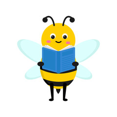 An endearing and cute bee character, with a bright smile, enthusiastically reads a vibrant blue book, representing intellect and study