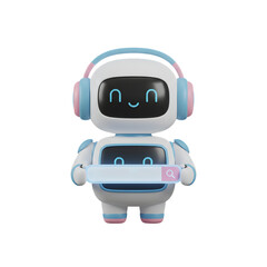 3d illustration of a 3d rendering of a cute robot with headphones holding a search bar isolated on transparent background