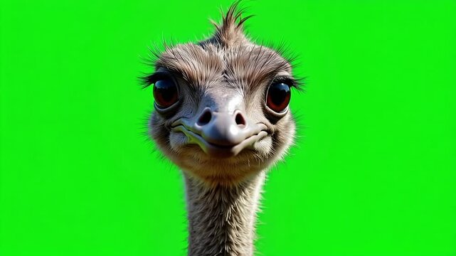 Adorable baby emu with huge expressive eyes looking curiously around on a vibrant green screen, ideal for engaging video content.
