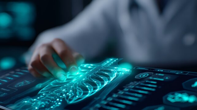 Doctor using modern tablet for viewing digital glowing human skeleton. Medical professional analyzing advanced diagnostic imaging for healthcare.
