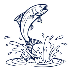 Dynamic line art illustration of a salmon leaping out of water with splash and ripples