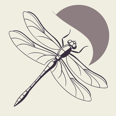 Elegant line art illustration of a dark purple dragonfly in flight against a soft beige background with a crescent moon shape