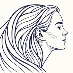 Elegant line art drawing of a woman s profile with flowing long hair and subtle shading on her neck and face