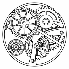 Intricate clockwork mechanism detailed line art illustration of interlocking gears and cogs in a circular arrangement