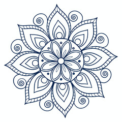 Intricate dark blue mandala design with swirls and petals on a white background for relaxation and meditation