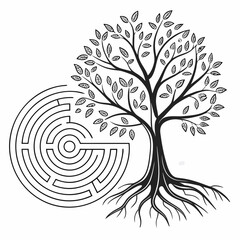 Stylized black and white illustration of a circular maze intertwined with the roots and branches of a leafy tree