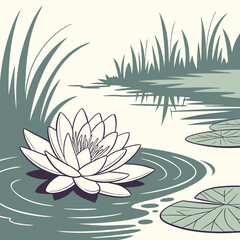Stylized illustration of a serene pond with a single white water lily in bloom surrounded by lily pads and tall grass