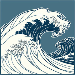 Stylized illustration of powerful ocean waves crashing with foamy crests in a classic japanese art style against a muted blue background