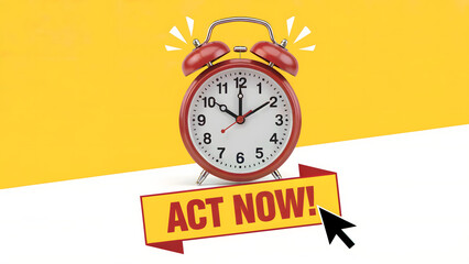 Red alarm clock with act now banner on yellow and white background urging viewers to take immediate action