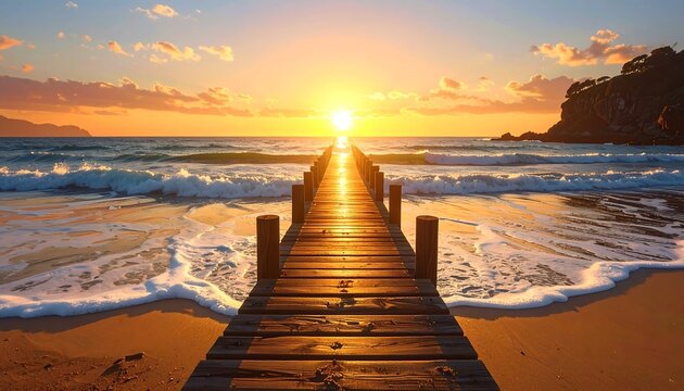 Golden sunset over the ocean with a wooden pier, capturing a serene moment - Powered by Adobe
