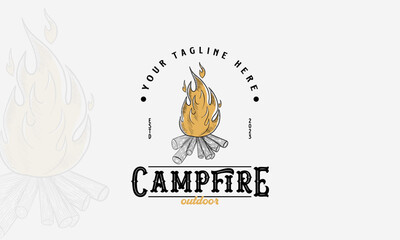Bonfire Camping Hand Drawn logo template, Bonfire sketch hand drawn engraving style Vector illustration