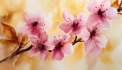 Delicate watercolor blossoms in soft pinks and golds, gracefully adorning a branch.