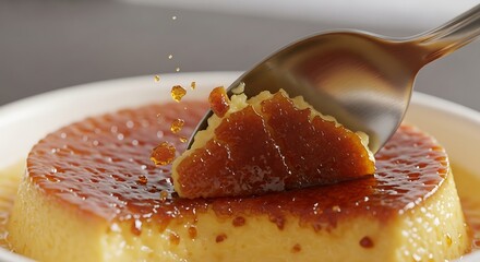 Decadent Caramel Custard Dessert with Spoonful Delight in Close-up
