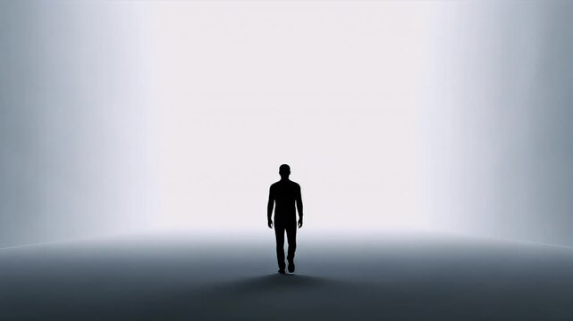 Man Silhouette Walking Toward Light in Abstract Void Studio