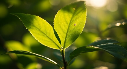 Close up of vibrant green leaves with bright sunlight and blurred background