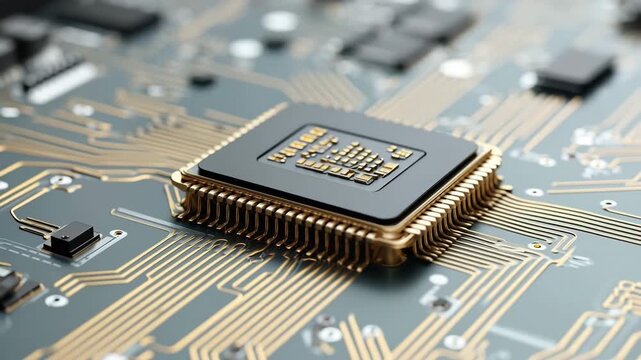 Close-up shots of a microprocessor on a circuit board, showcasing intricate details of the chip and surrounding circuitry with a modern, technological feel.
