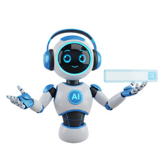 3d illustration of cute ai robot wearing headphones presenting a search bar isolated on transparent background concept of artificial intelligence and machine learning