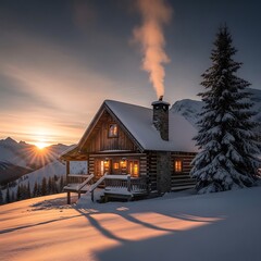 Snowy Mountain Cabin at Sunrise.