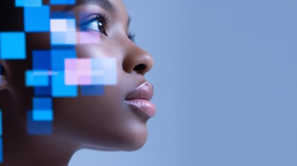 African american woman with glowing digital squares. Concept of future technology, neuroscience, artificial intelligence, and digital data.