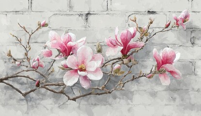 Delicate magnolia blossoms bloom against a weathered gray brick wall, showcasing soft pinks and muted grays in a tranquil and serene image.