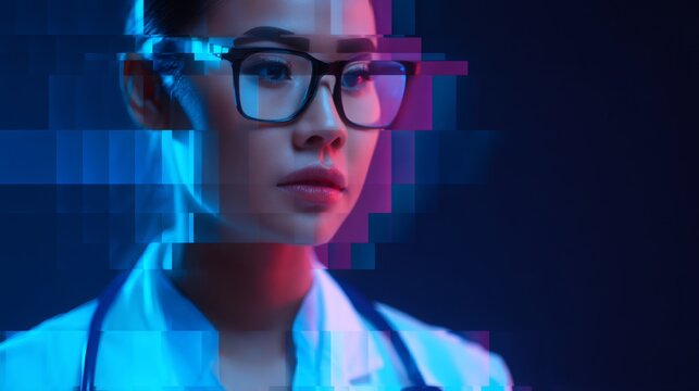 Physician woman with glitch effect. Innovative medical technology with artificial intelligence. Futuristic healthcare and telemedicine concept.
