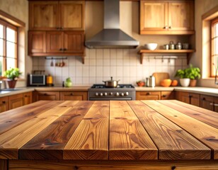 Rustic Kitchen Interior with Wooden Table and Natural Light: Cozy Domestic Scene