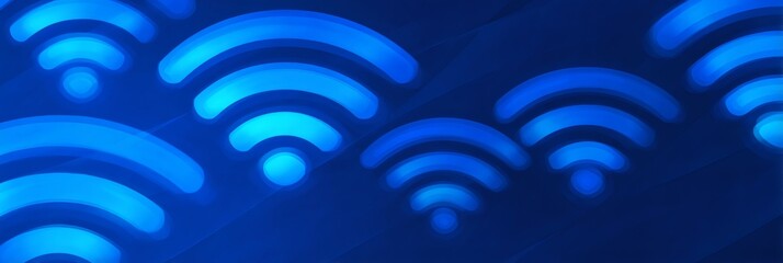 Blue wifi symbols floating on a dark background. Wireless connection and digital communication concept. Internet data transmission.