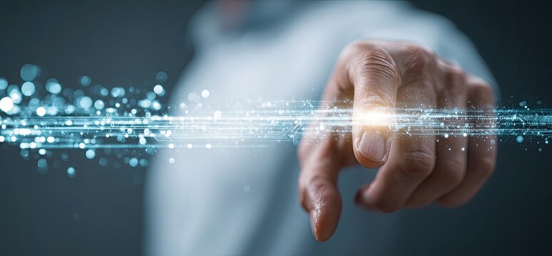 A hand points to a glowing, digital interface