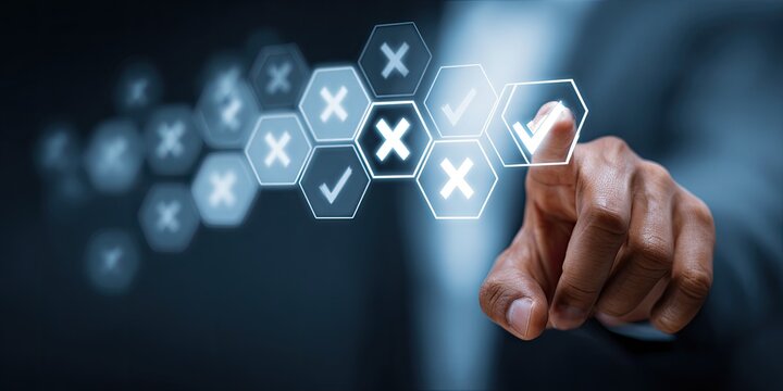 A hand points to a glowing holographic interface displaying checkmarks and crosses