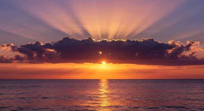 Dramatic sunset over ocean with sunbeams and cloud formation