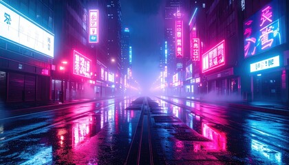Neon Lit Cityscape with Reflections on Wet Pavement at Night