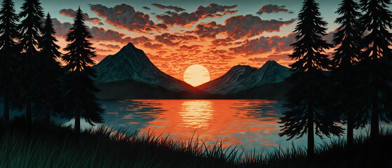 stylized sunset over a tranquil lake with dramatic mountain and pine tree silhouette | wallpaper, decoration, landscape, design, nature theme